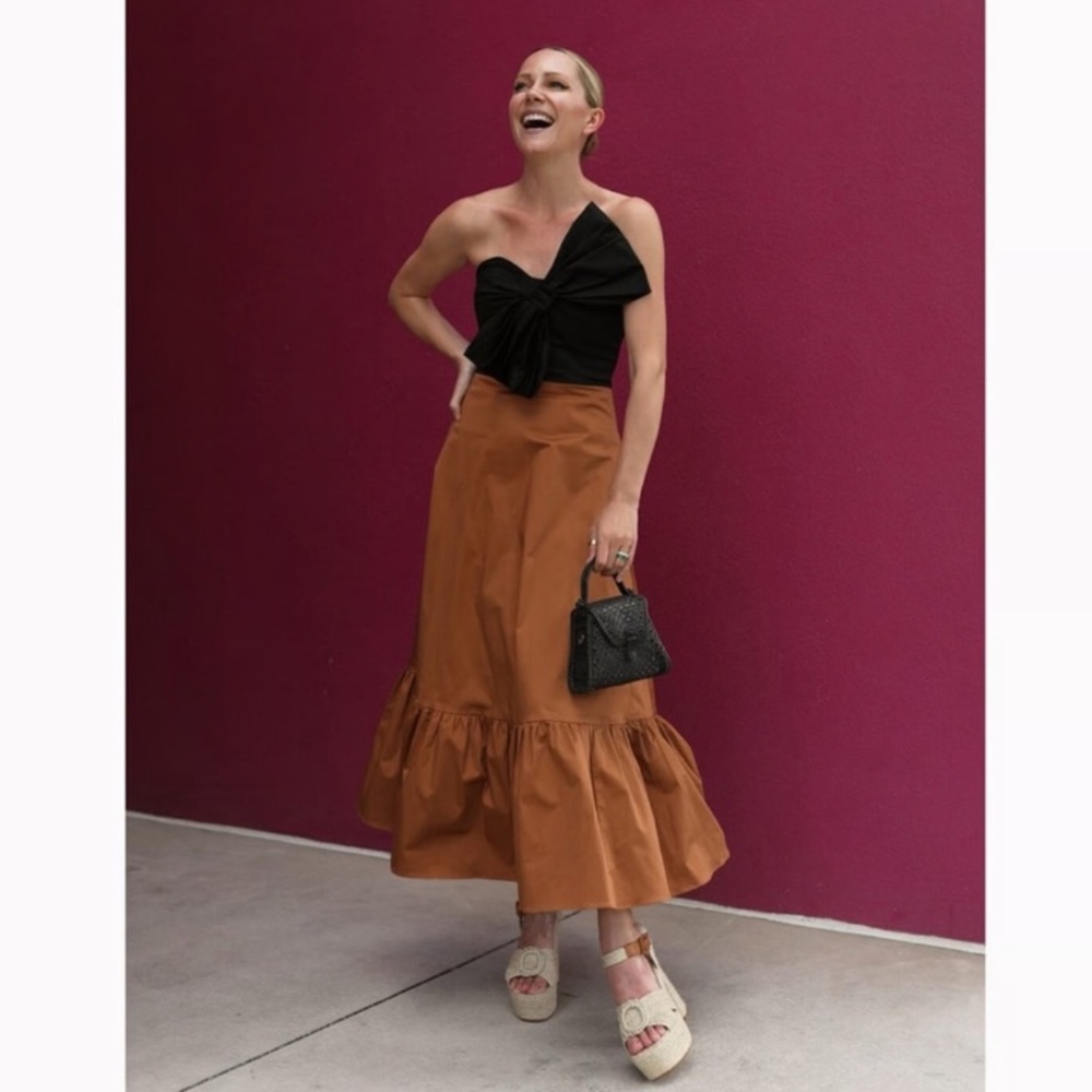Anthropologie Black & Rust Brown One-Shoulder Midi Dress.